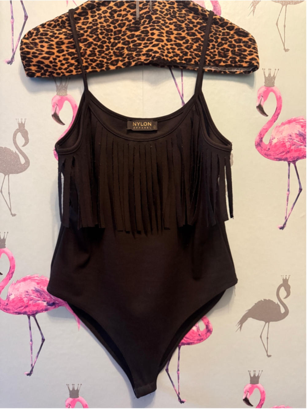 Women's Nylon Apparel Black Fringe Bodysuit Size L